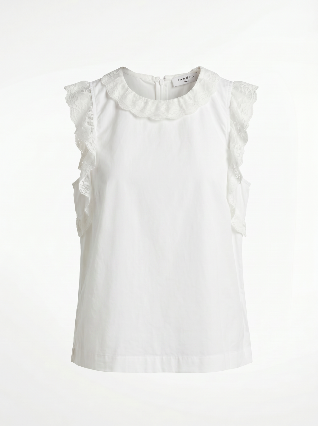 Sandro Paris 100% Cotton Sleeveless Top with Lace Trim – White, Size 2 | Preloved