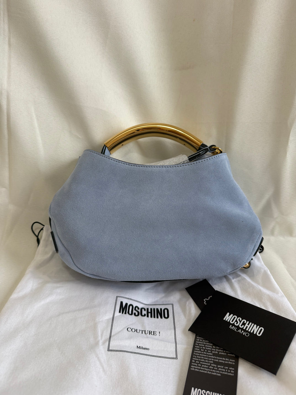 Moschino Couture Milano Handle Me Azure Suede Handbag – Baby Blue | Brand New