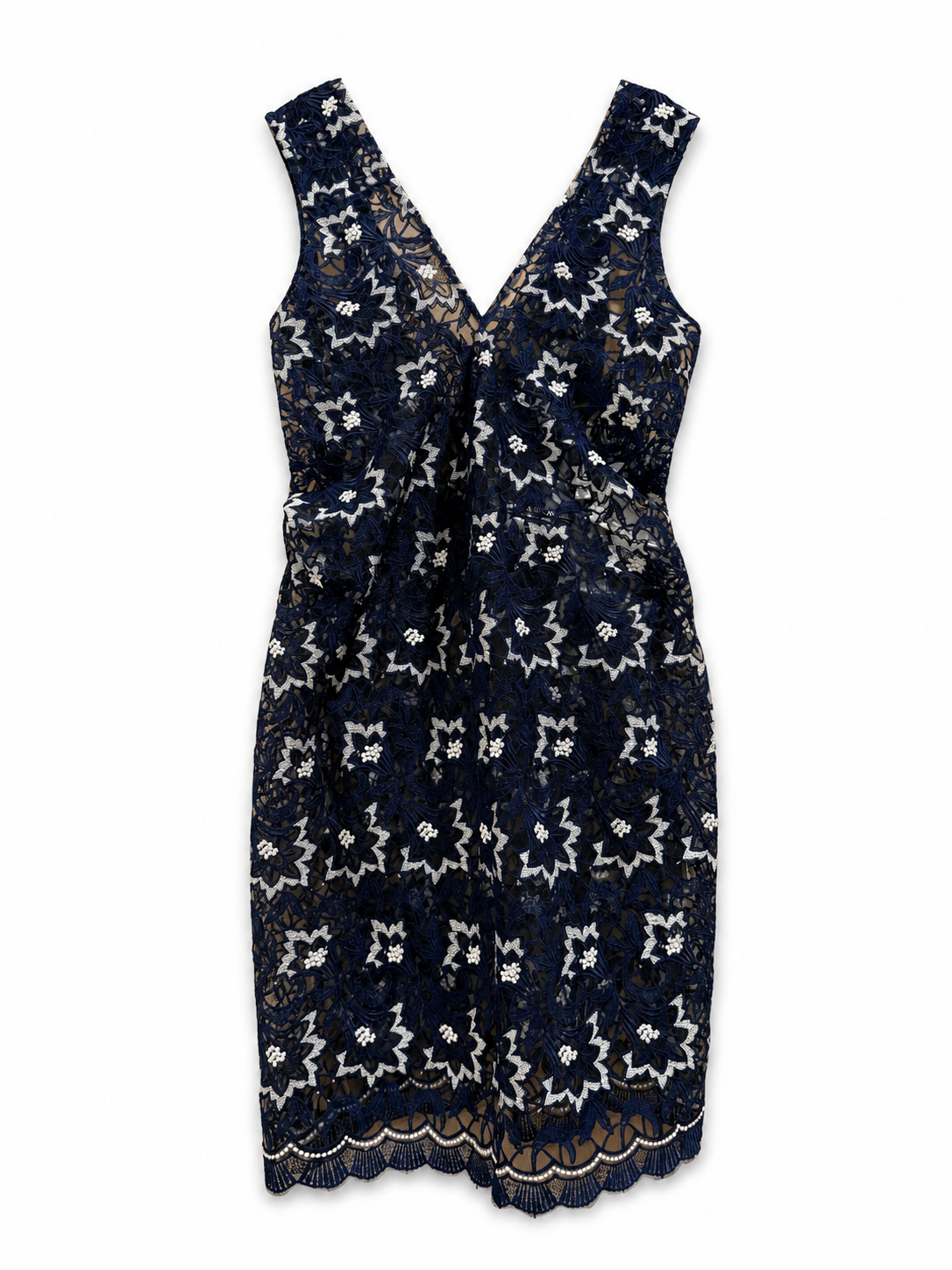 Navy blue dress with white floral pattern on a white background