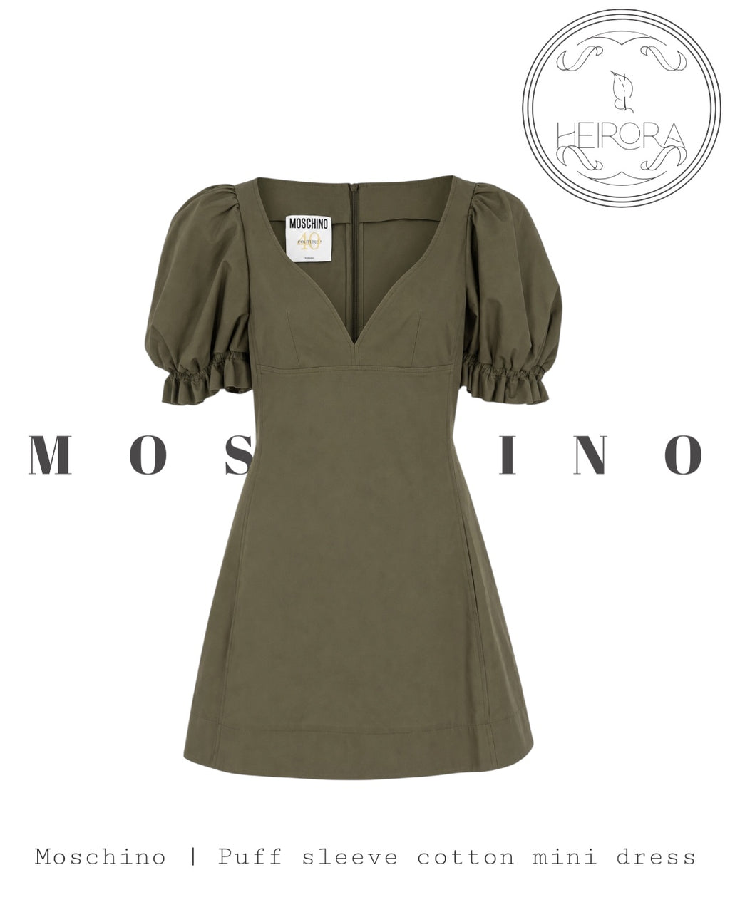 Moschino Puff Sleeve Olive Green Mini Dress -Brand new Designer Dress | Heirora