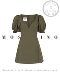 Moschino Puff Sleeve Olive Green Mini Dress -Brand new Designer Dress | Heirora