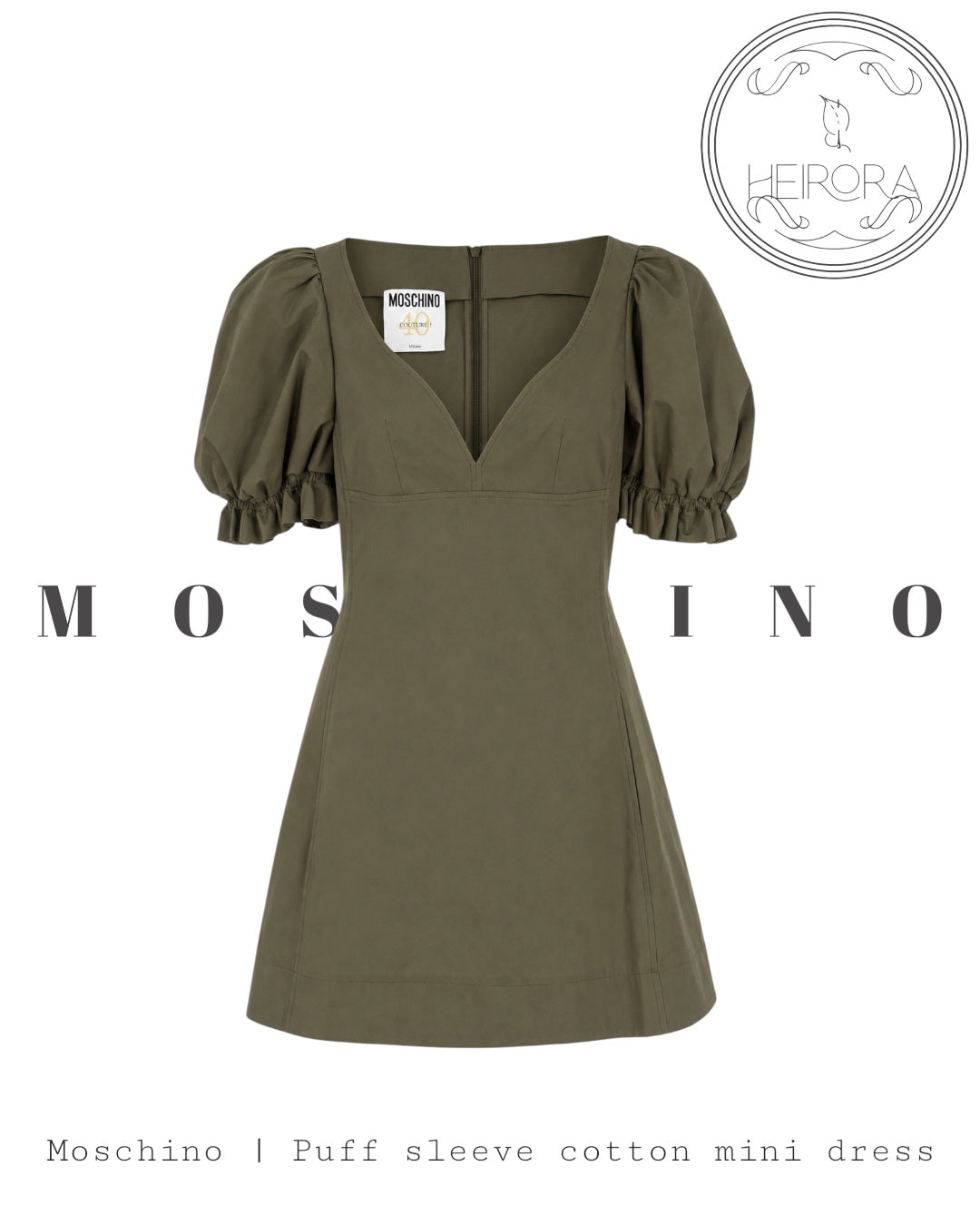 Moschino Puff Sleeve Olive Green Mini Dress -Brand new Designer Dress | Heirora