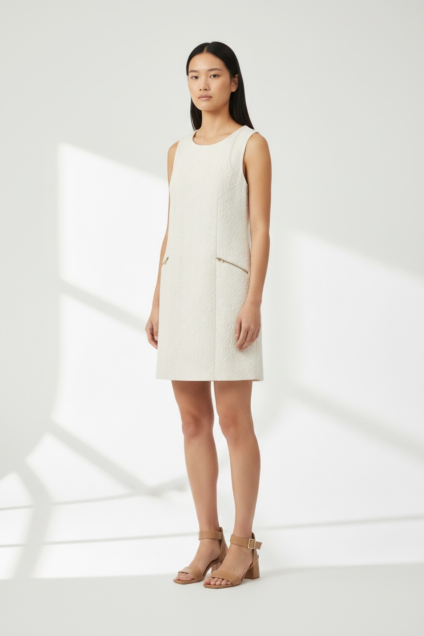 J.Crew Ivory Jacquard Textured Zip-Pocket Sleeveless Shift Dress - Size S | Preloved Heirora