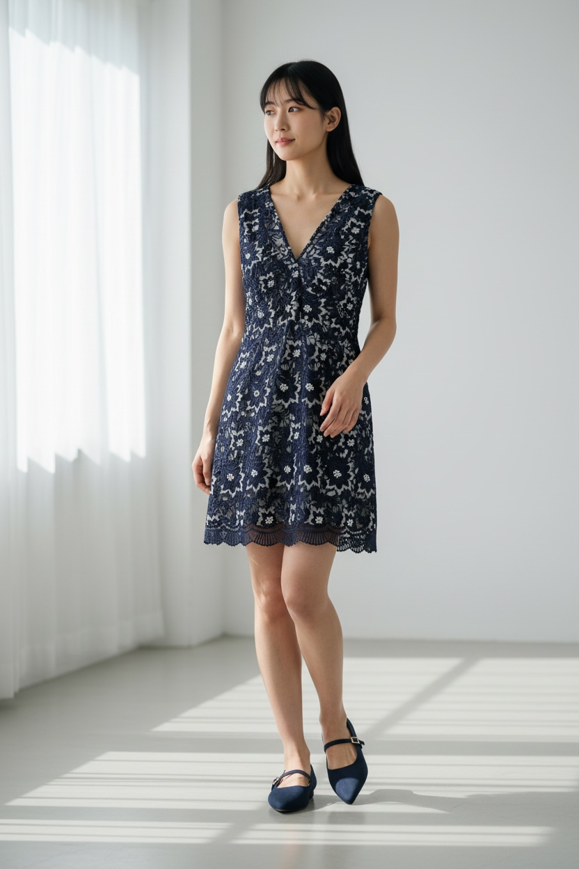 Woman wearing a navy floral dress in a bright room