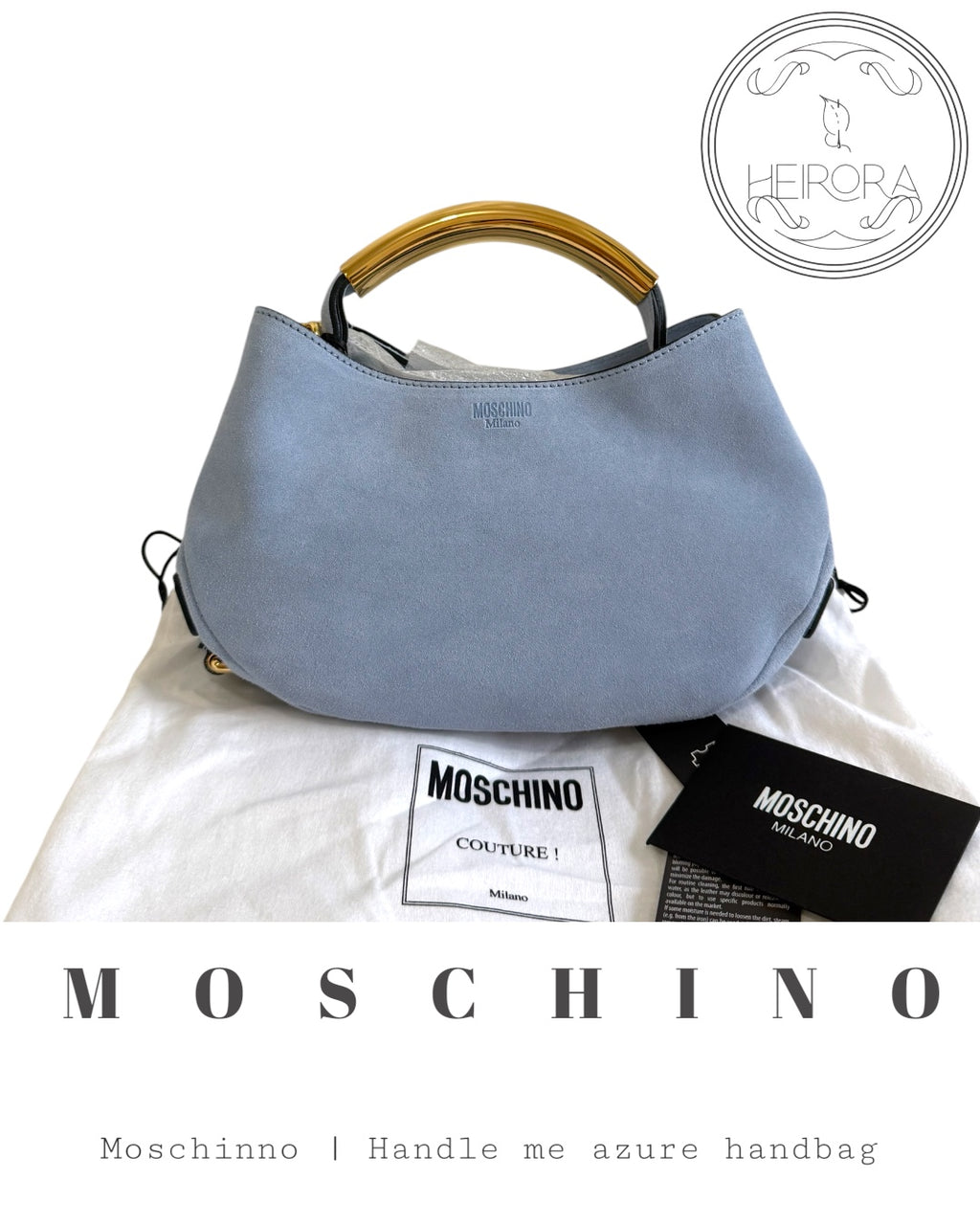 Moschino Couture Milano Handle Me Azure Suede Handbag – Baby Blue | Brand New