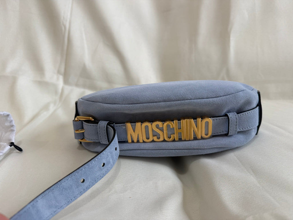 Moschino Couture Milano Handle Me Azure Suede Handbag – Baby Blue | Brand New