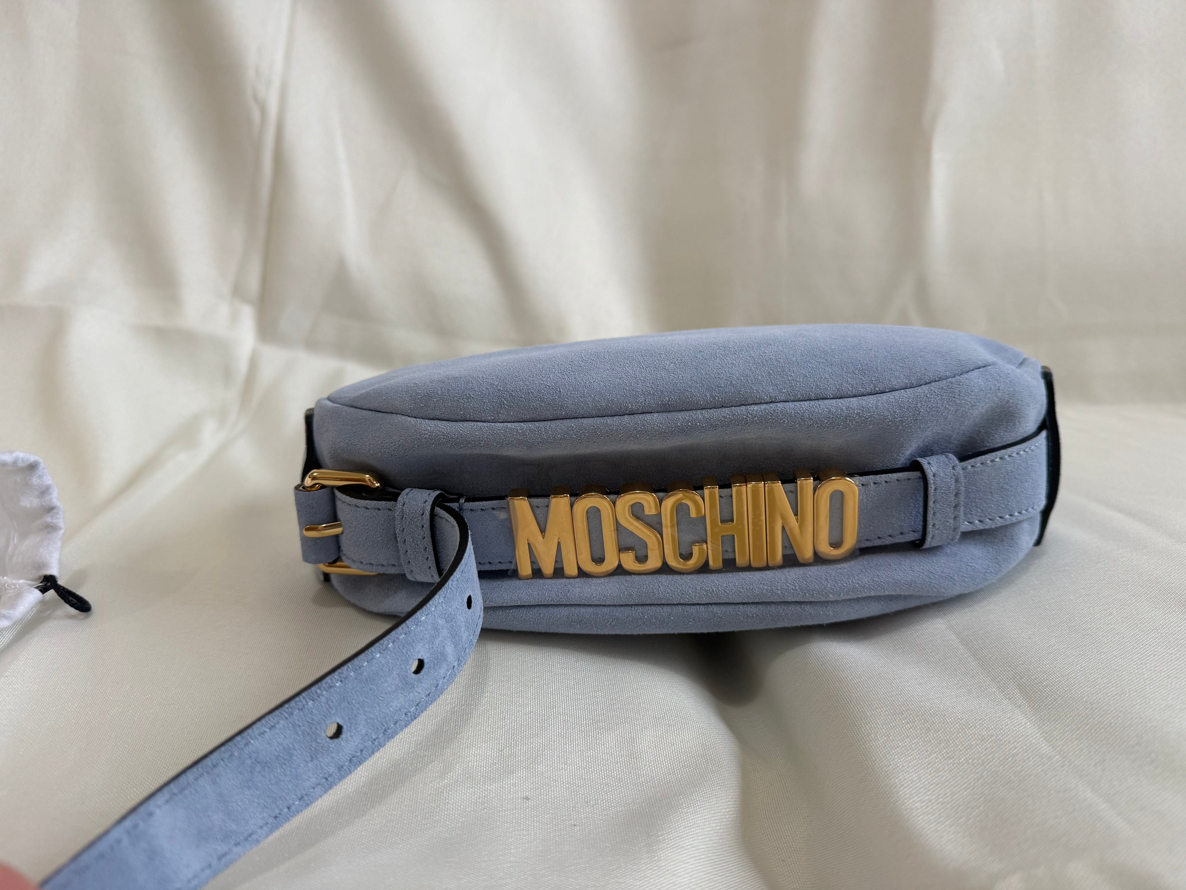 Moschino Couture Milano Handle Me Azure Suede Handbag – Baby Blue | Brand New