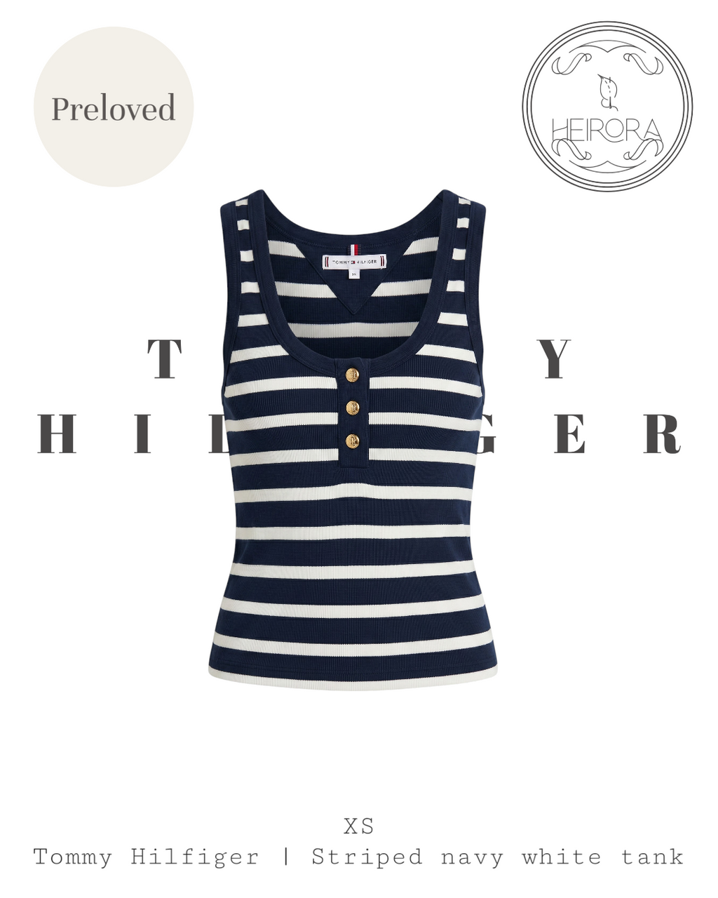 Tommy Hilfiger Navy & White Striped Ribbed Cotton Henley Tank Top – Size XS | Preloved